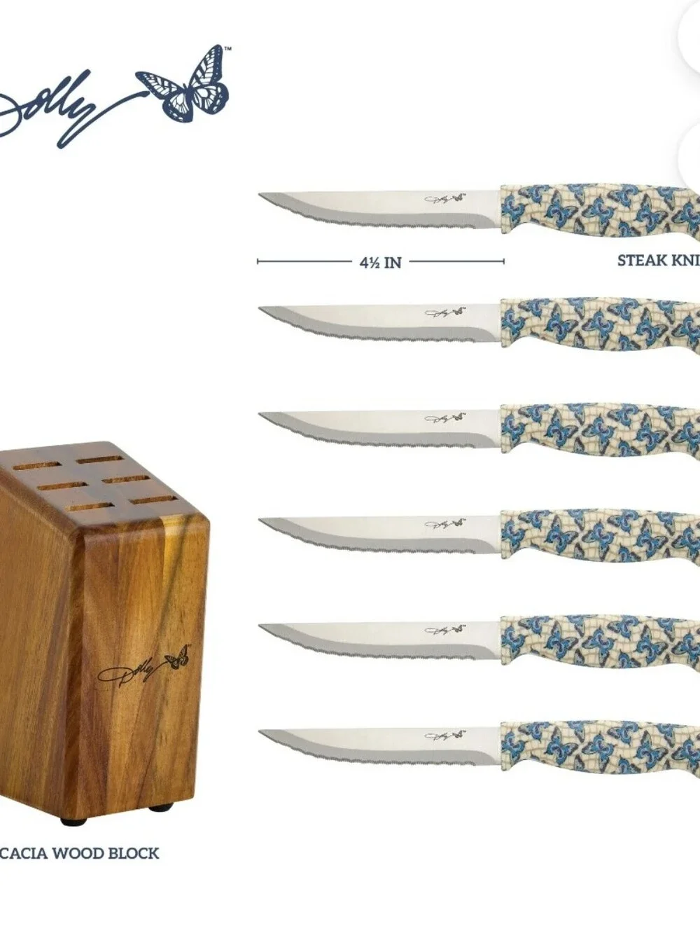 Dolly Parton Butterfly Print 7-PC Steak Knife Set w/Wood Block